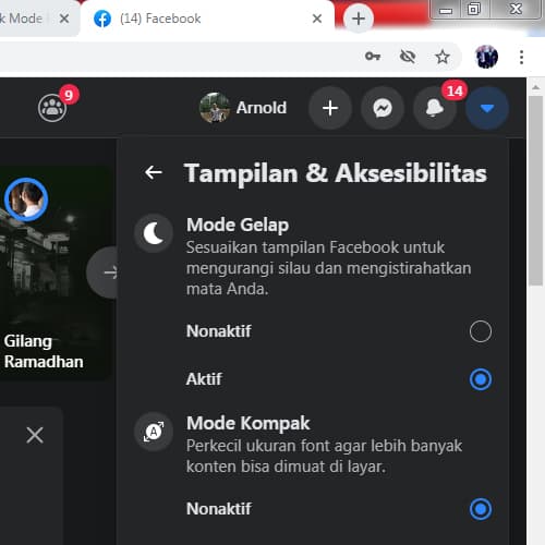 cara mengaktifkan dark mode facebook pc atau laptop